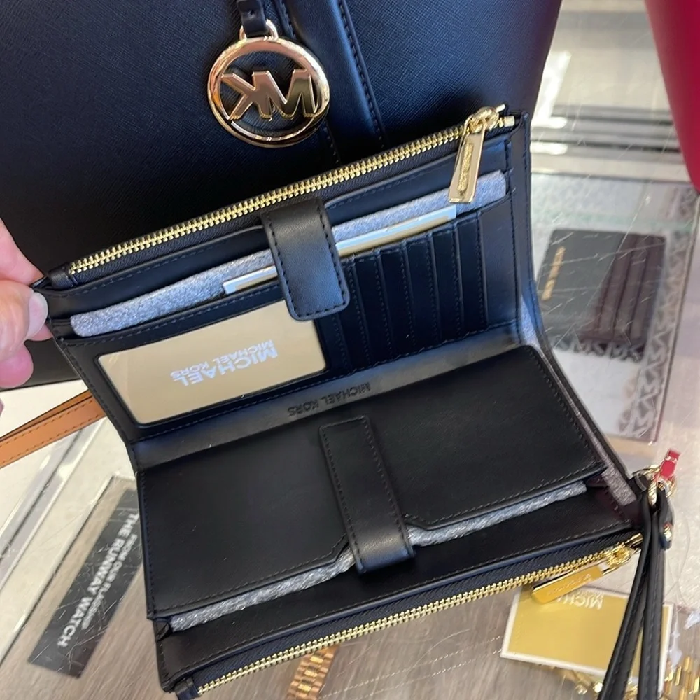 MICHAEL KORS JST LG DOUBLE ZIP WRISTLET WALLET PHONE HOLDER BLACK MULTI NWT